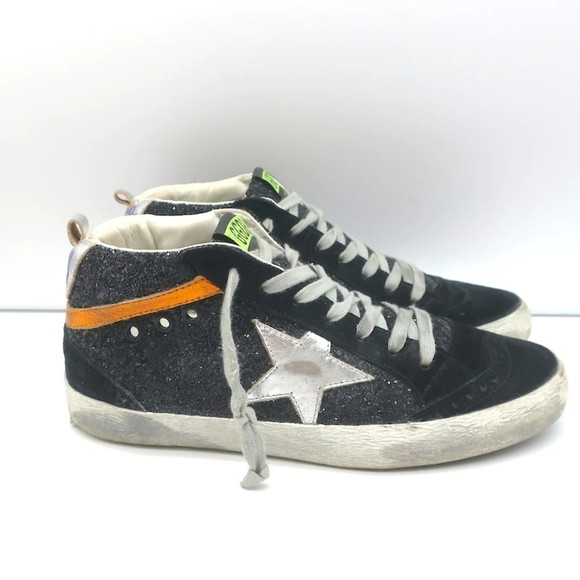 Golden Goose Mid Star Glitter Wing Tip Sneakers Black with Silver Star Size 38 - Picture 2 of 11